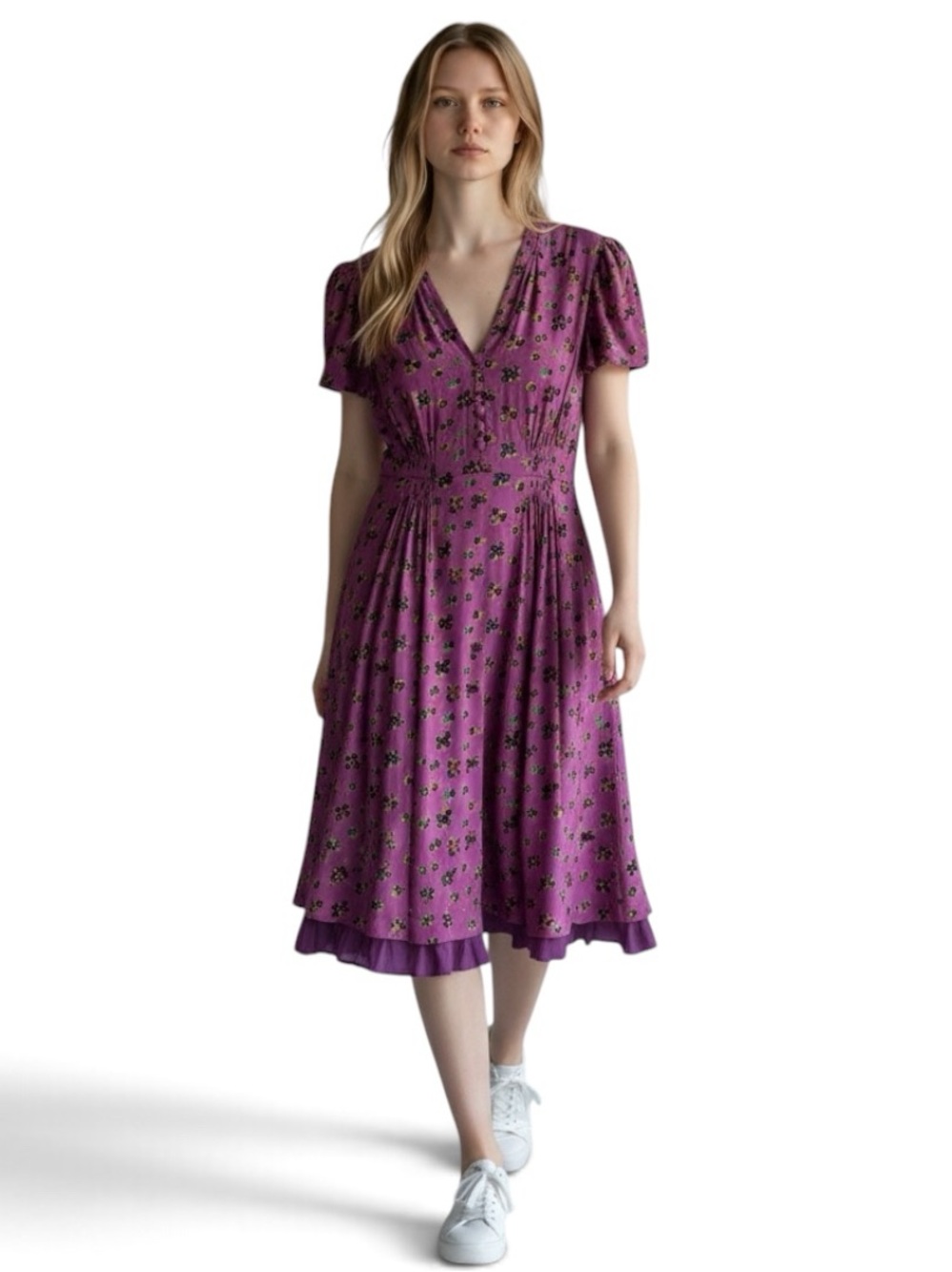 Vintage 90s Y2K Betsey Johnson Silk Purple Floral Ruffle Dress Puff Sleeve 8